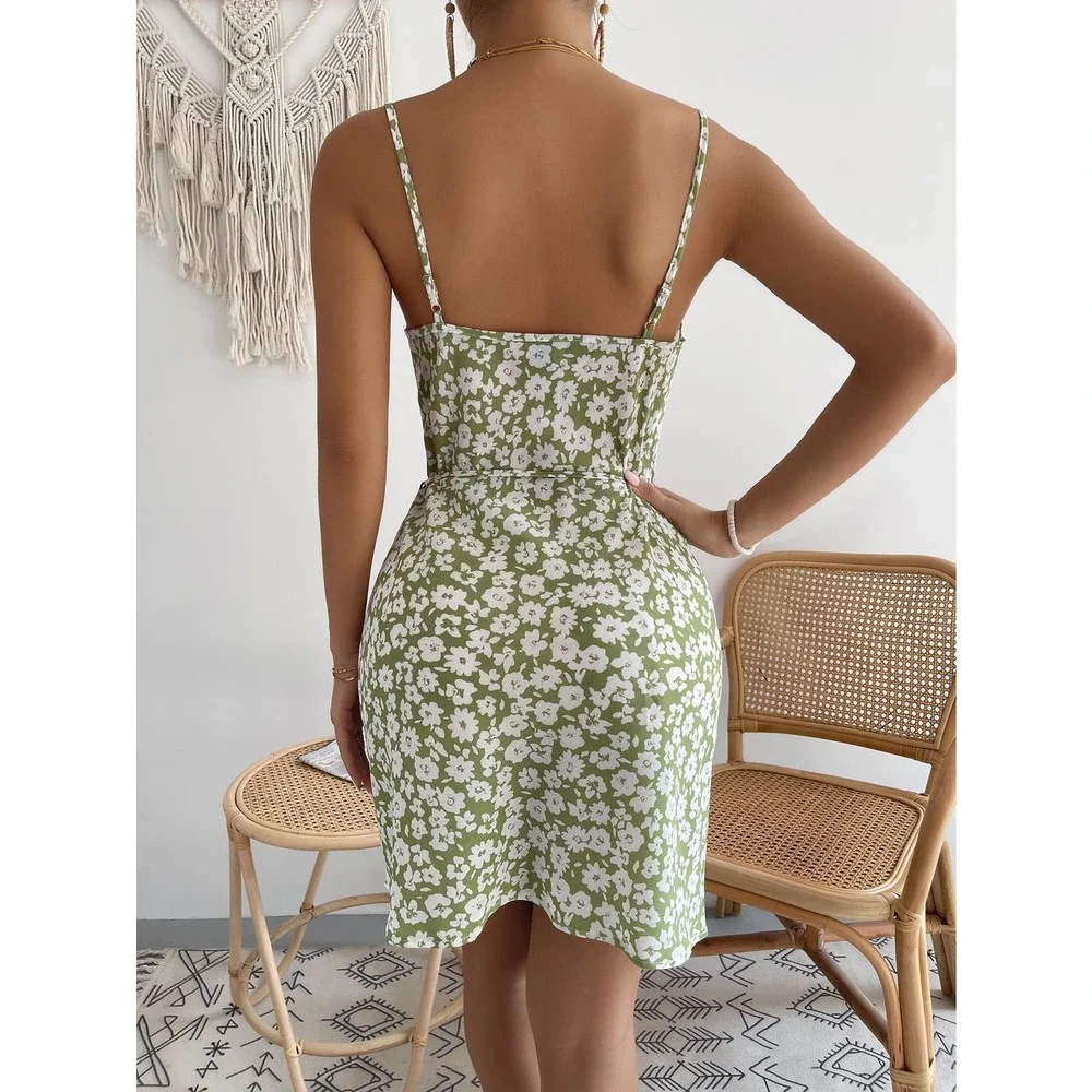 Boho Floral Print cowl neck Belted Cami Dress green - Picture 2 of 5